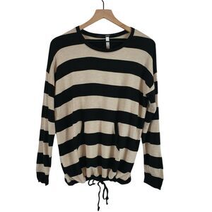 Kensie Womens Black Beige Striped Viscose Top Long Sleeve Size M Casual